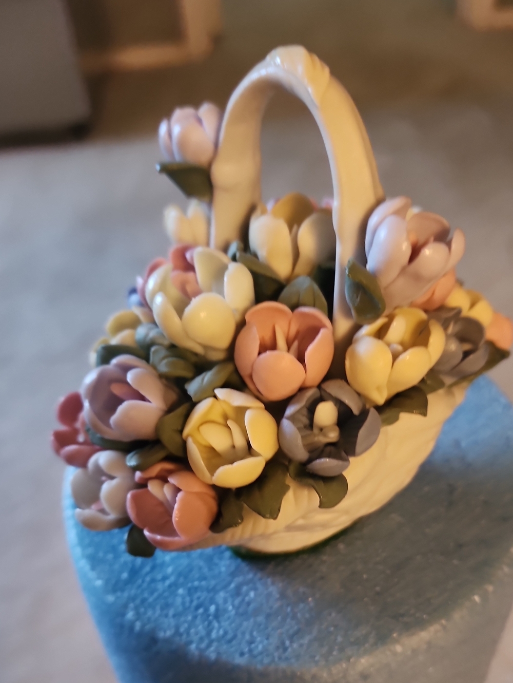 Vintage Handcrafted Floral Basket Bisque- Multicolor